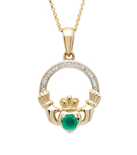 14ct Yellow Gold Claddagh Pendant Set With Emerald And Diamond McCarthy's Jewellery 