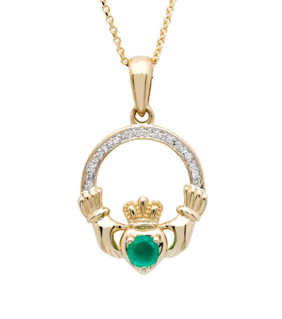 14ct Yellow Gold Claddagh Pendant Set With Emerald And Diamond McCarthy's Jewellery