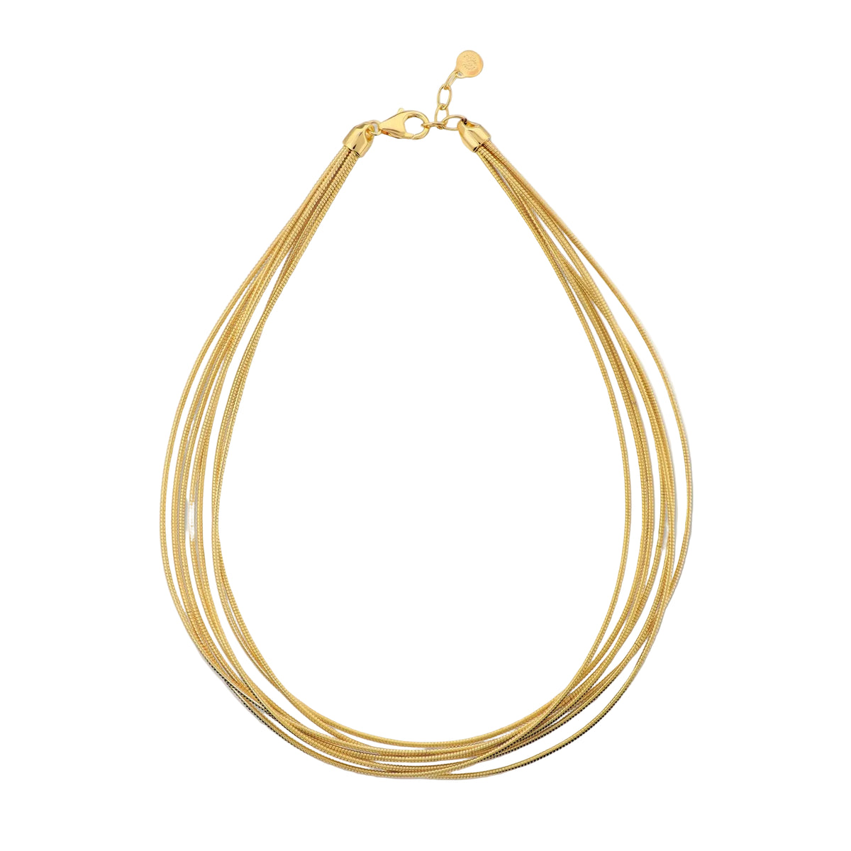A gold multi-strand snake chain necklace with a lobster clasp and extender, displayed on a solid cream background.
