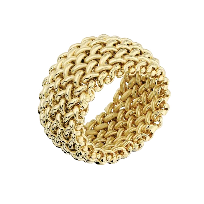 A wide, chunky gold ring featuring a woven, chain-link style design, photographed on a clean off-white background.