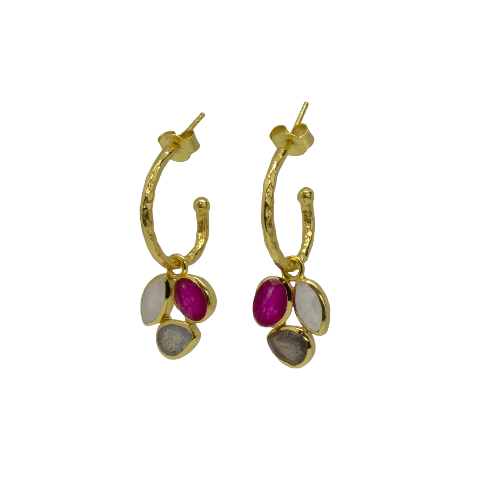 Hammered Gemstone Charm Hoop Earrings