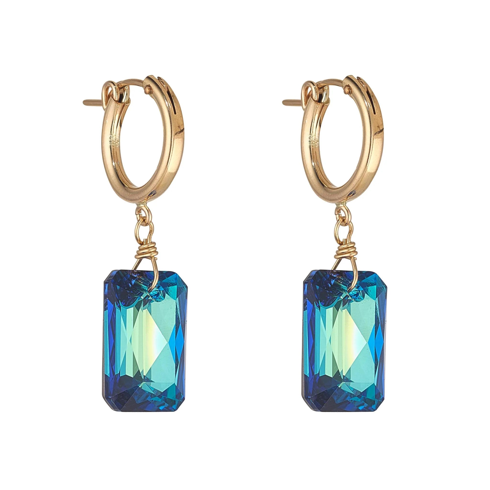 Gold Filled Emerald Cut Bermuda Blue Crystal Clip Hoop Earrings